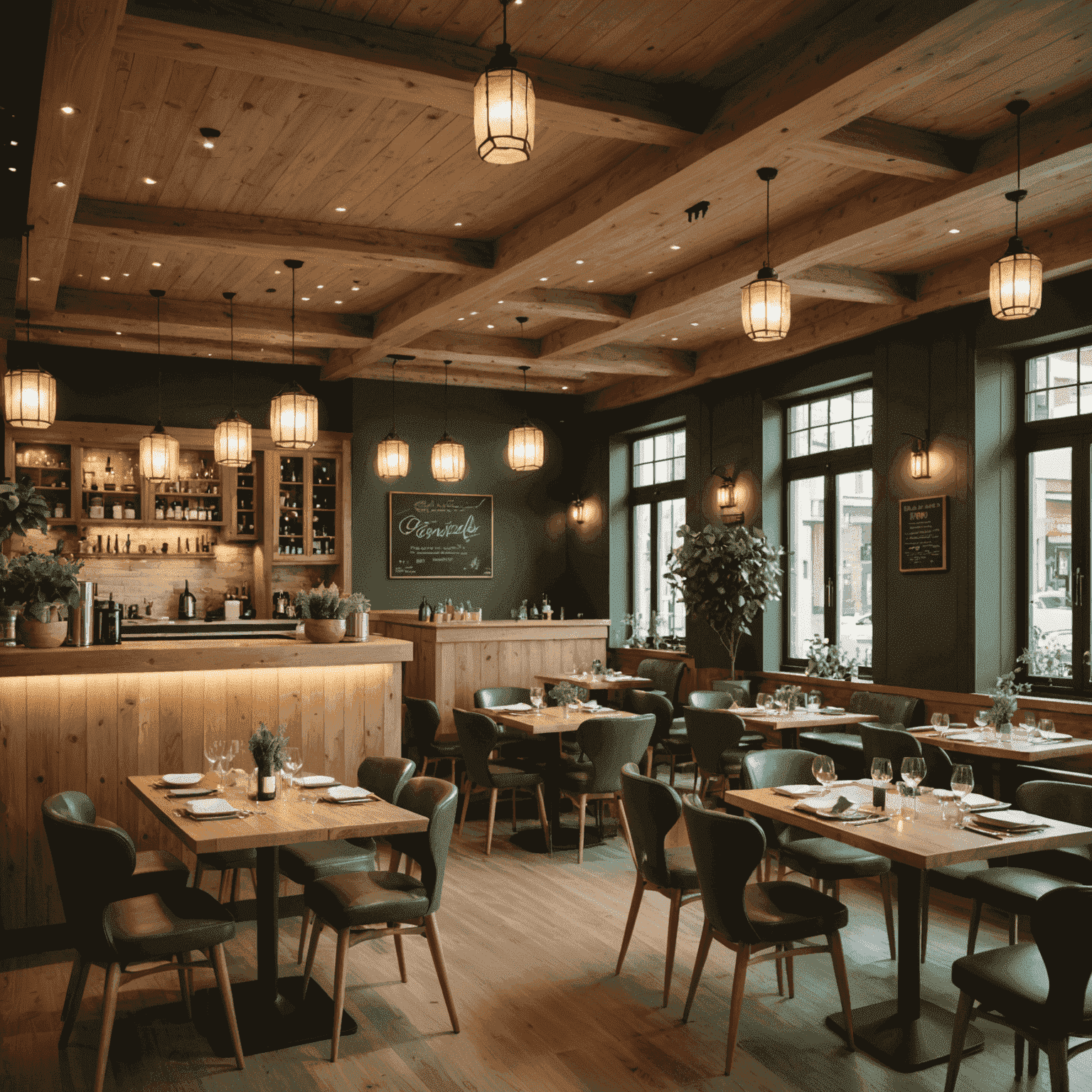 Interior of Craveсraft restaurant, showing a warm and inviting dining area with soft lighting, wooden tables, and green accents