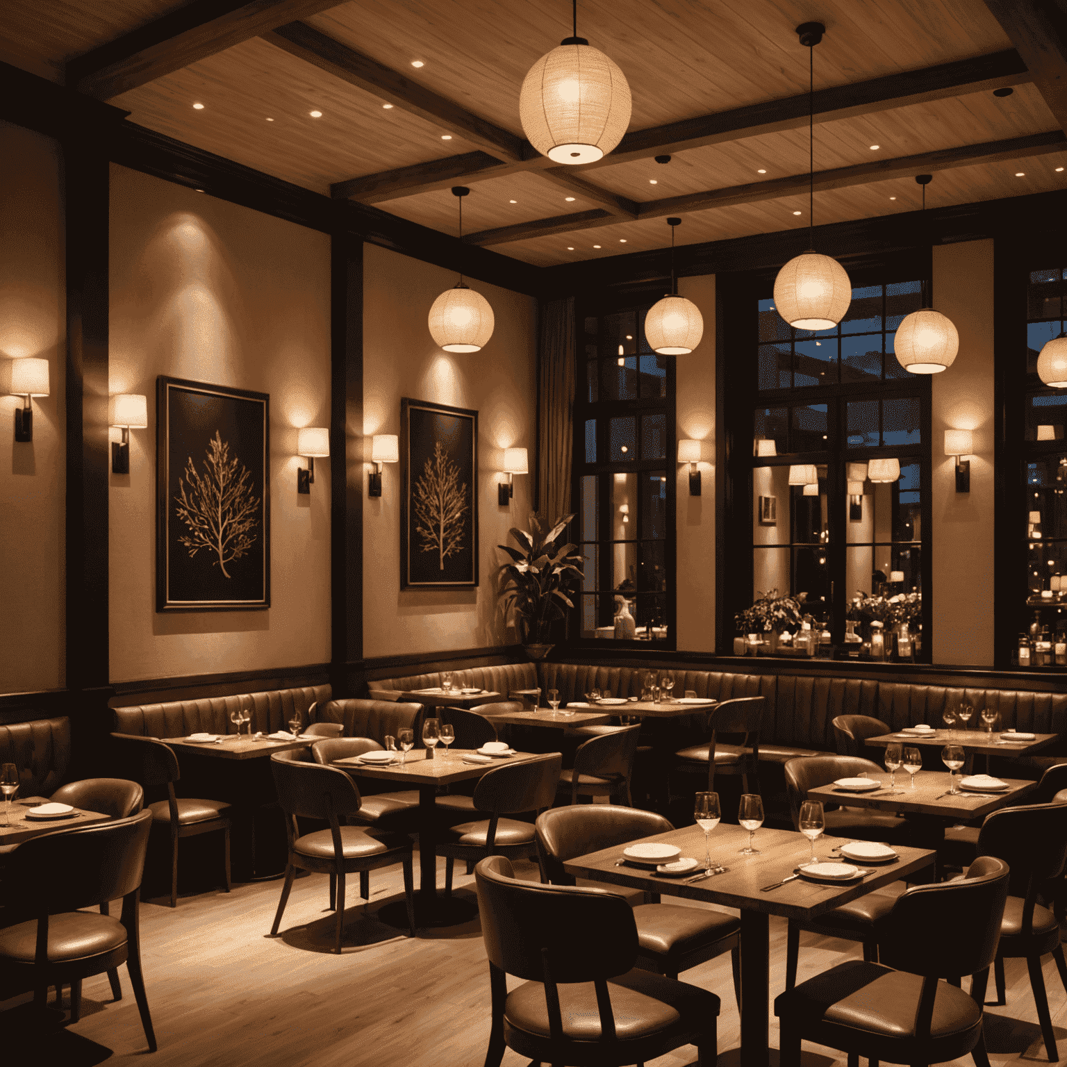 Elegant restaurant interior with warm lighting, wooden tables, and comfortable seating arrangements. The ambiance exudes a cozy yet sophisticated atmosphere.