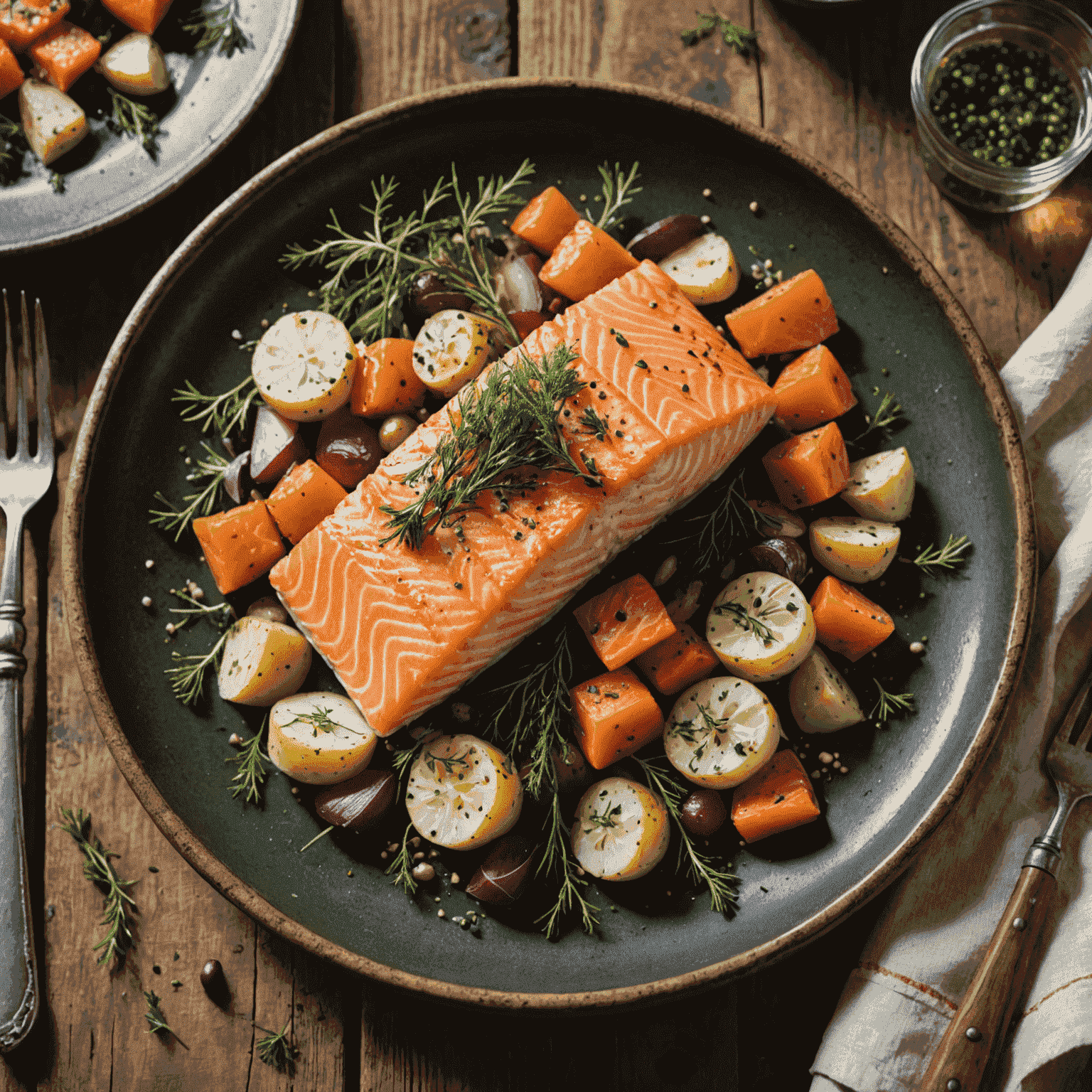 A beautifully plated traditional Scandinavian dish with salmon, dill, and root vegetables on a rustic wooden table