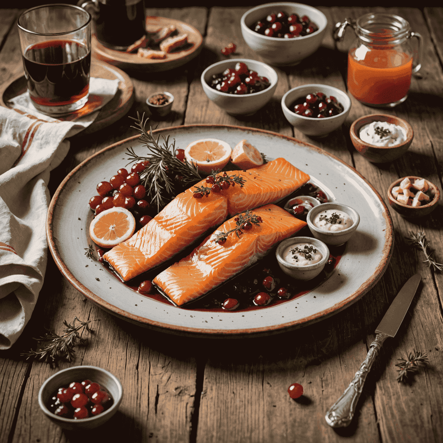 A beautifully presented plate of traditional Scandinavian dishes, including smoked salmon, pickled herring, and lingonberry sauce, arranged on a rustic wooden table