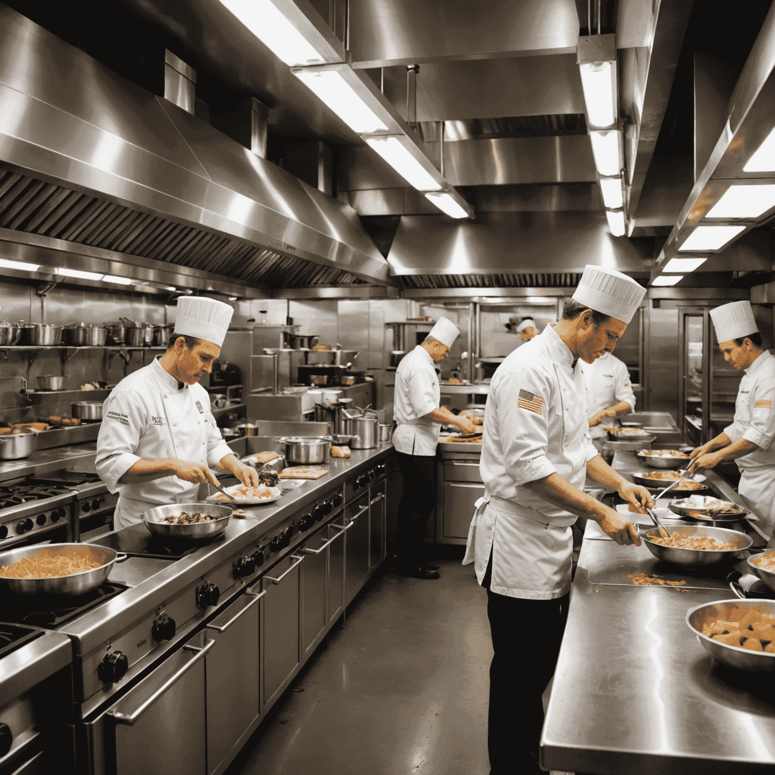 A bustling professional kitchen with chefs preparing various dishes. Stainless steel counters gleam under bright lights, and there's a sense of organized chaos as cooks move efficiently between stations.