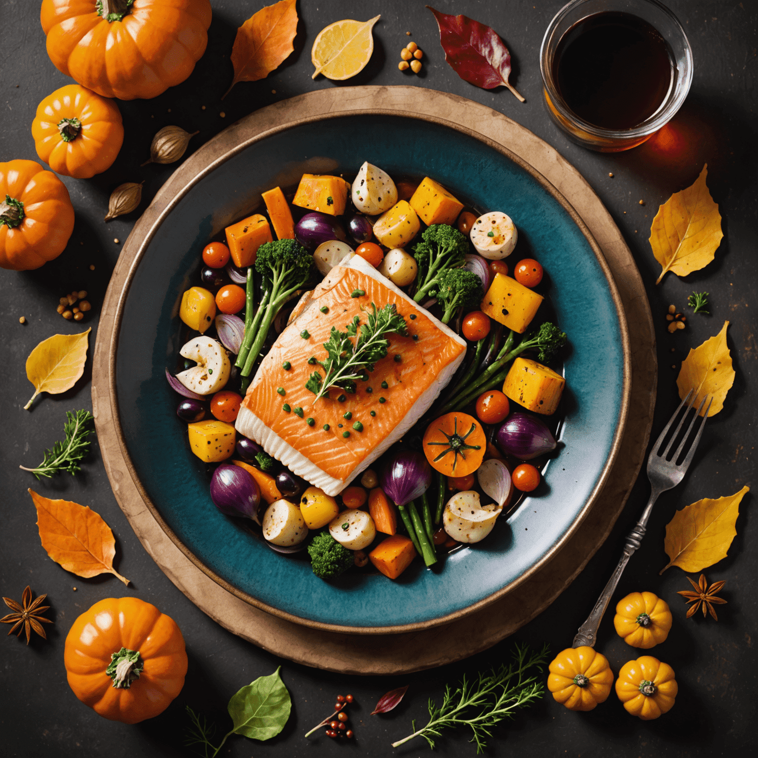 A beautifully plated seasonal dish featuring colorful autumn vegetables and a perfectly seared piece of local fish