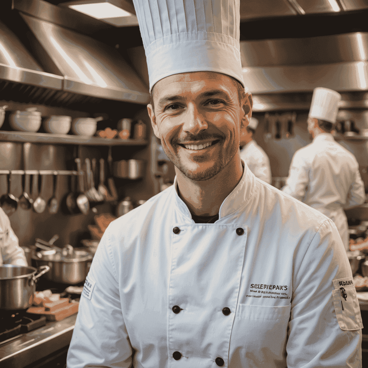 Portrait of our head chef in the kitchen, wearing a white chef's coat and smiling confidently while preparing a dish