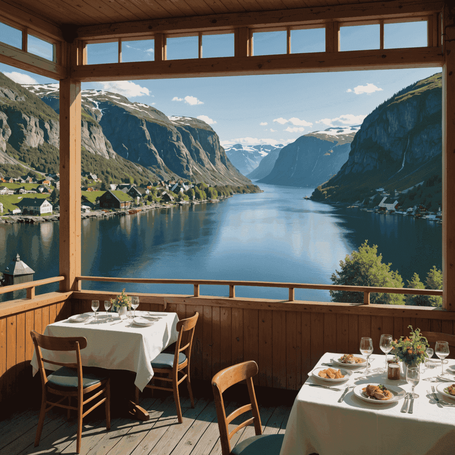 A scenic view of a traditional Norwegian restaurant overlooking a fjord, with a table set with local dishes