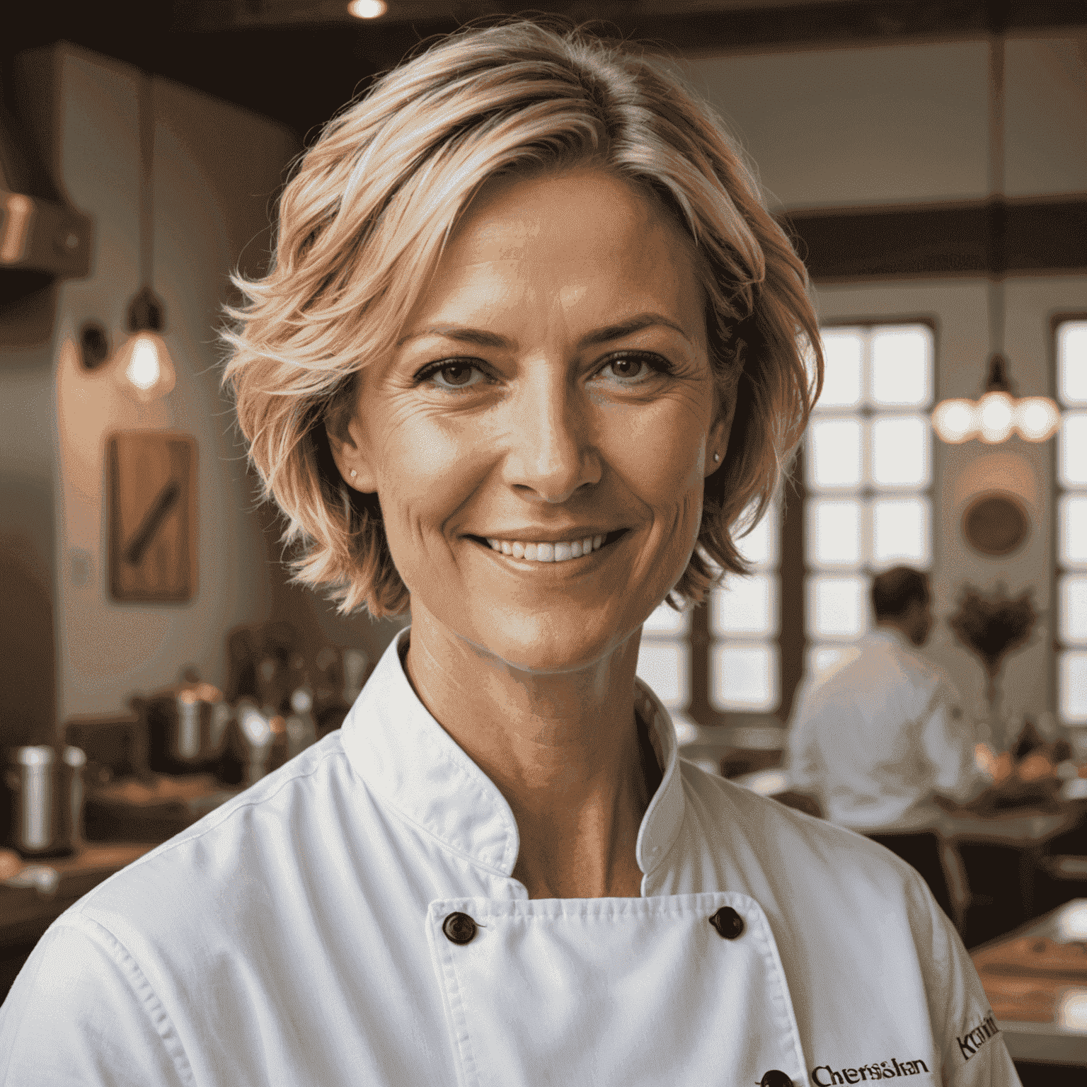 Portrait of Chef Maria Larsen, a woman in her 40s with short blonde hair and a warm smile, wearing a white chef's coat