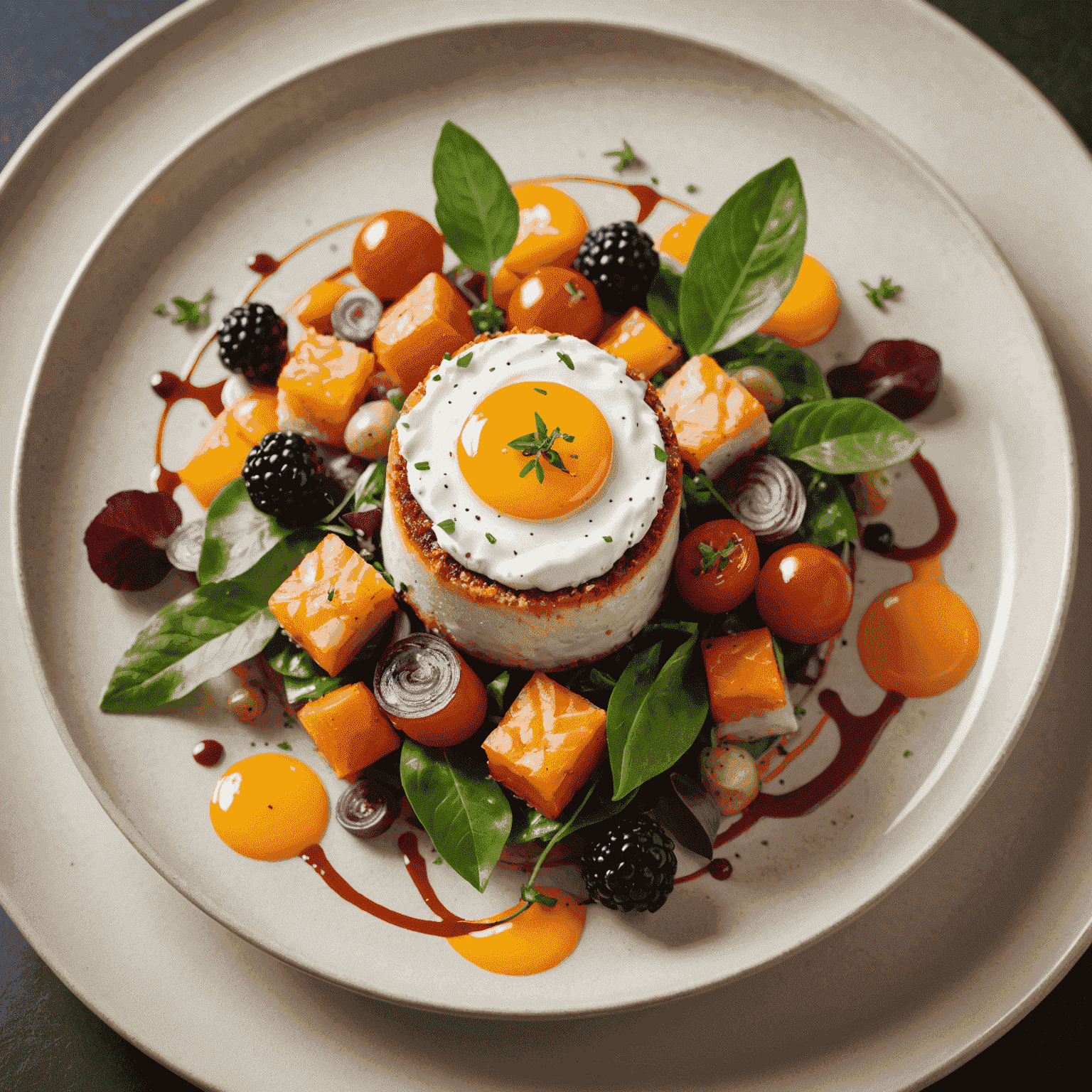 Close-up of a beautifully plated dish featuring vibrant colors and artistic presentation. The image showcases the chef's attention to detail and culinary creativity.