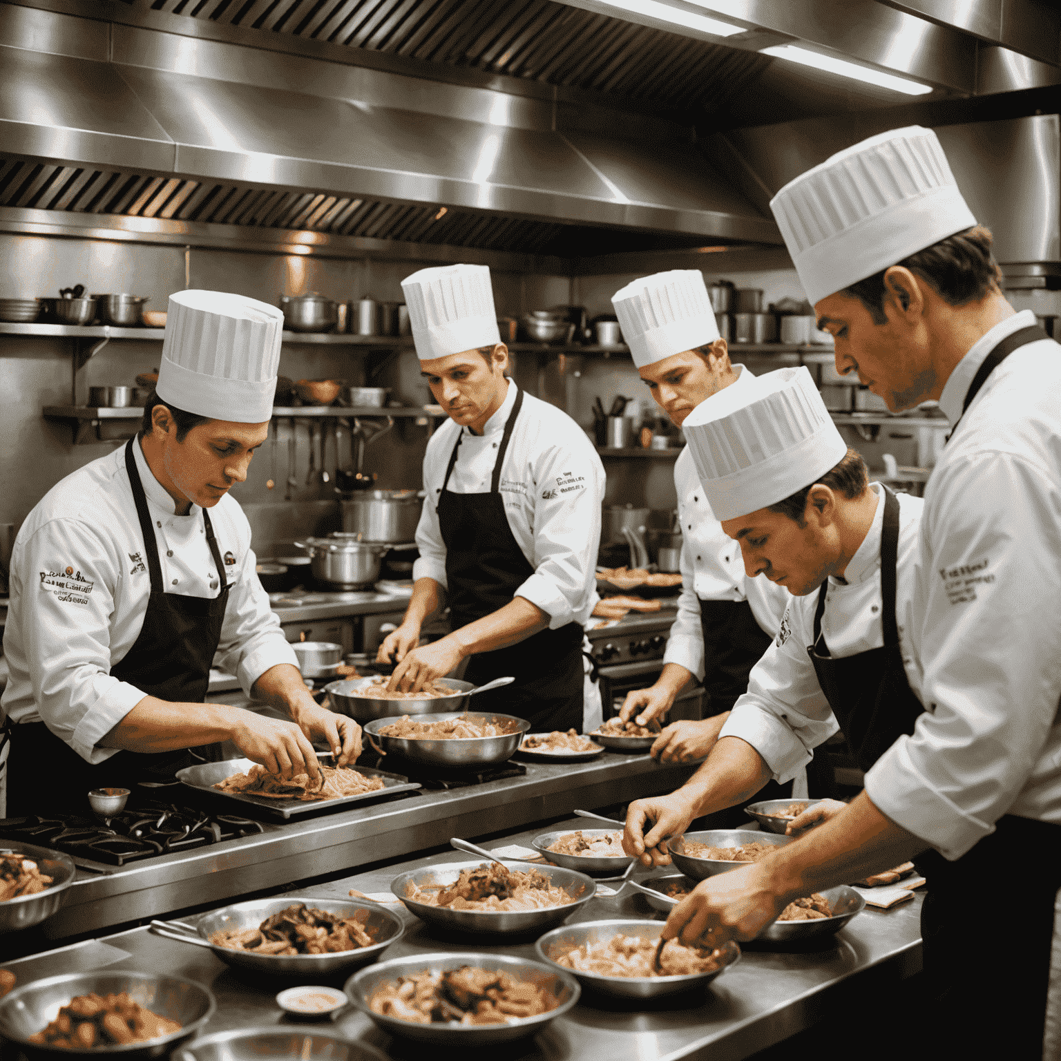 A bustling restaurant kitchen with chefs preparing dishes, focusing on intricate plating techniques