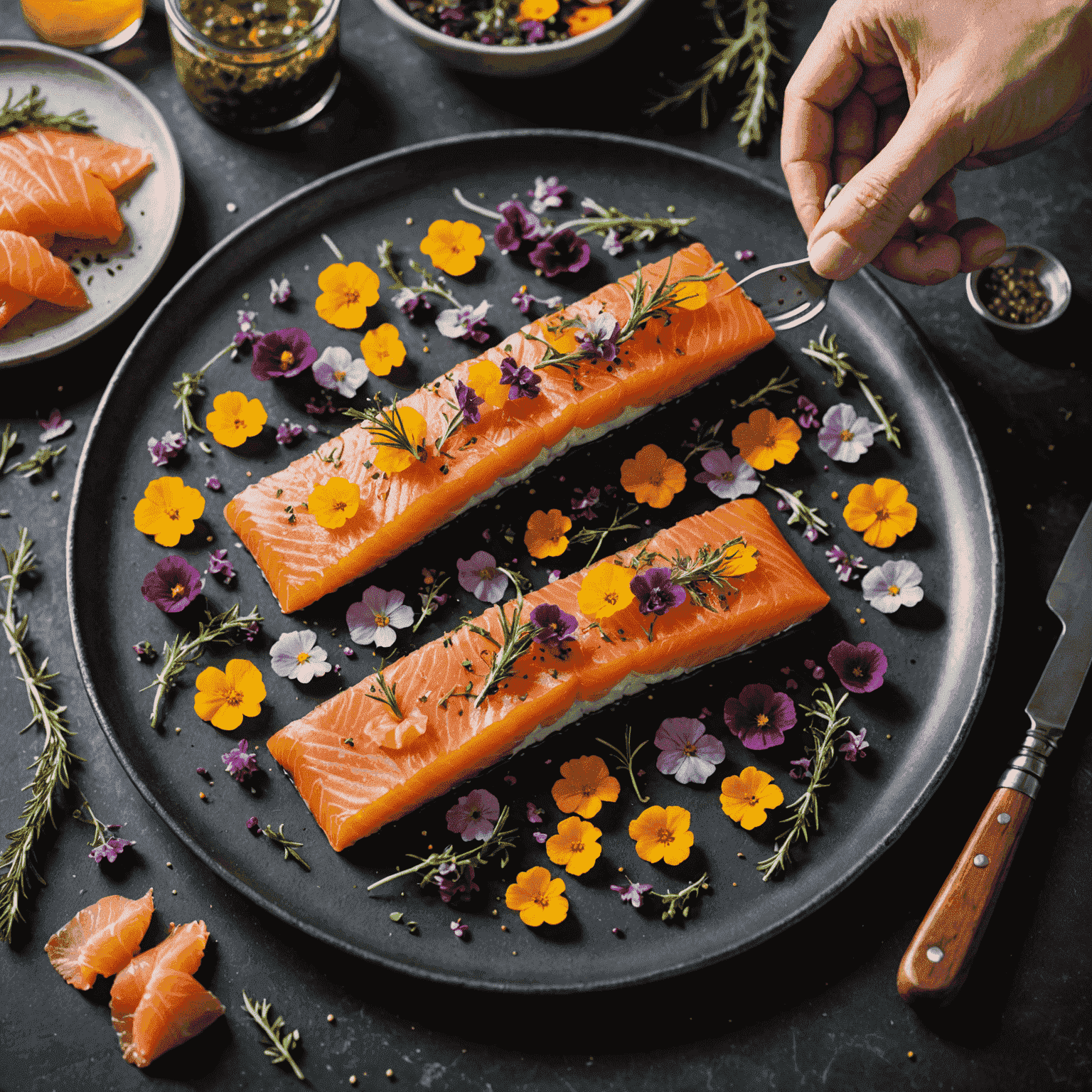 A chef in the Cravecraft kitchen preparing a modern twist on traditional gravlax, using vibrant herbs and edible flowers