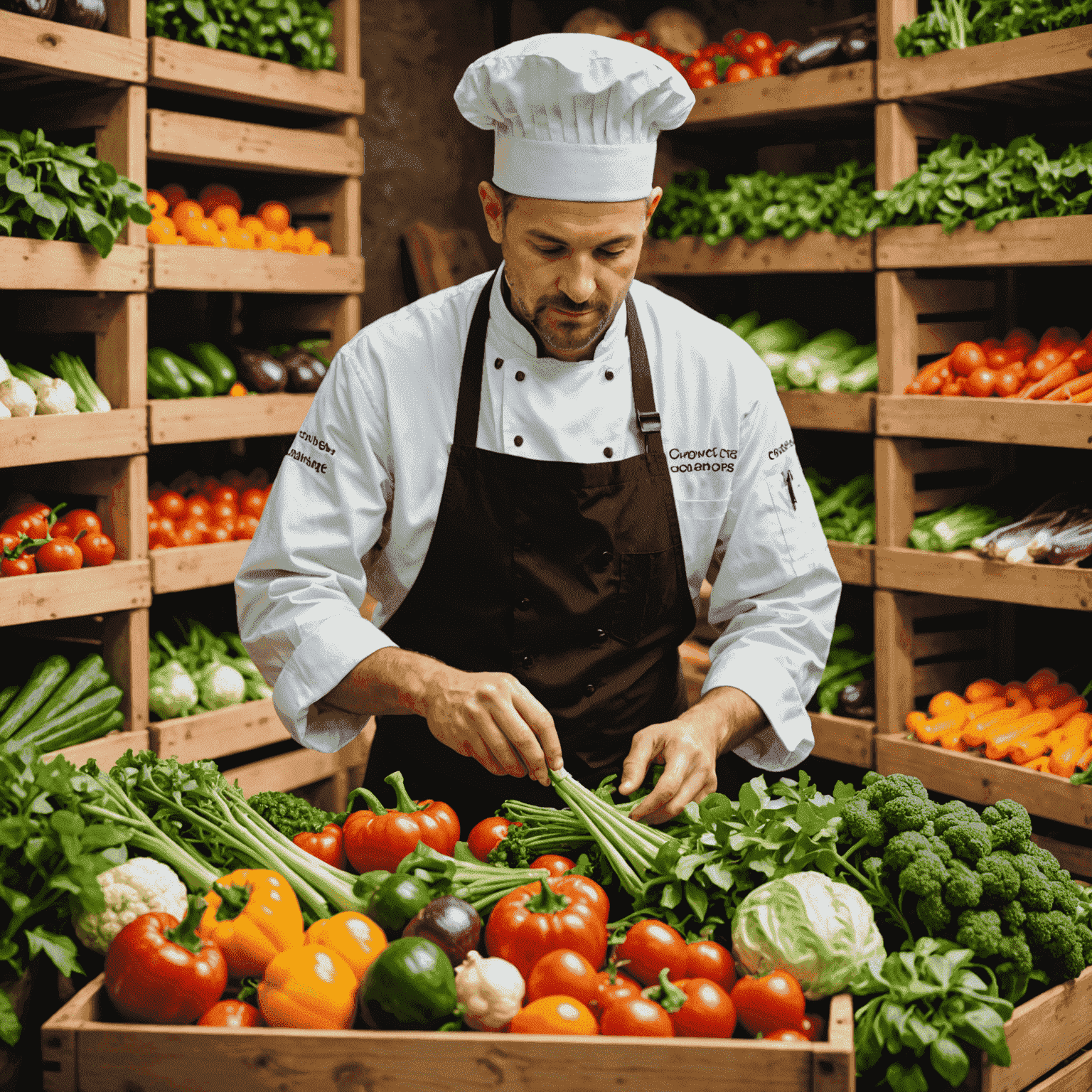 A chef carefully inspecting and selecting fresh vegetables and herbs from wooden crates. The produce is vibrant and colorful, showcasing the quality of ingredients used at Craveсraft.