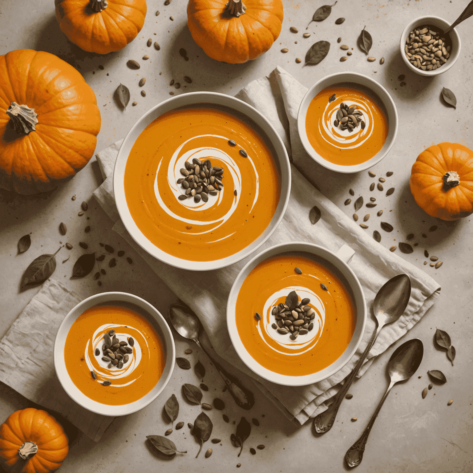 A creamy bowl of roasted pumpkin soup garnished with pumpkin seeds and a swirl of cream