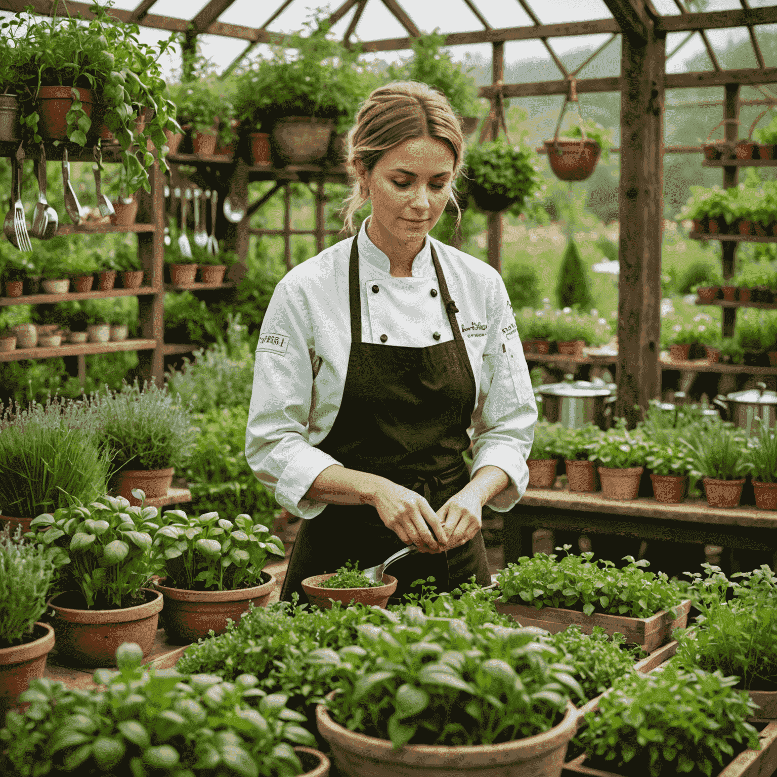 Chef Emma in the restaurant's herb garden, carefully selecting fresh herbs for the day's menu