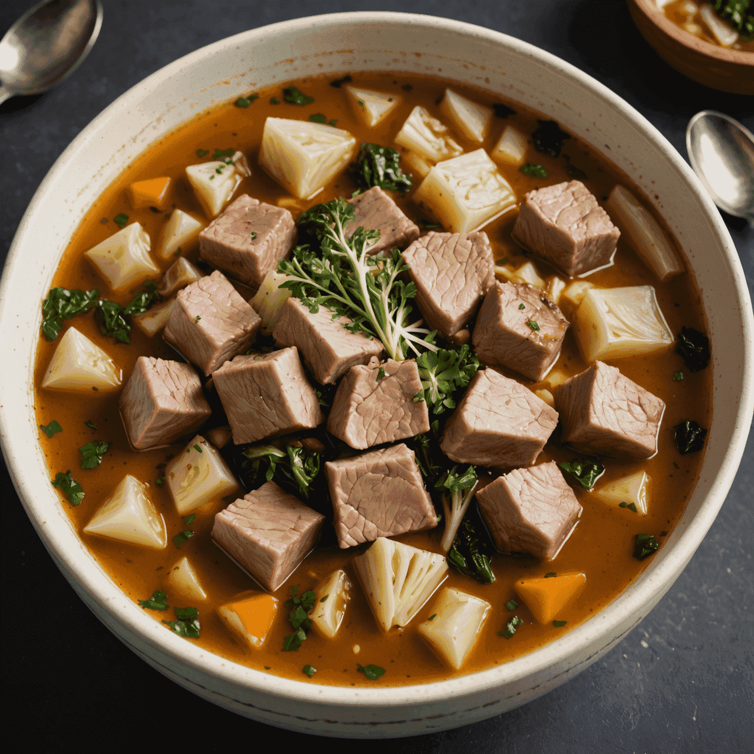 A steaming bowl of Fårikål, showcasing chunks of mutton and cabbage in a rich broth