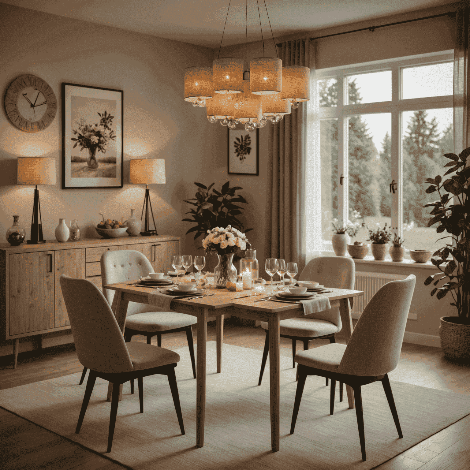 Cozy dining area of Craveсraft with soft lighting, comfortable seating, and elegant table settings