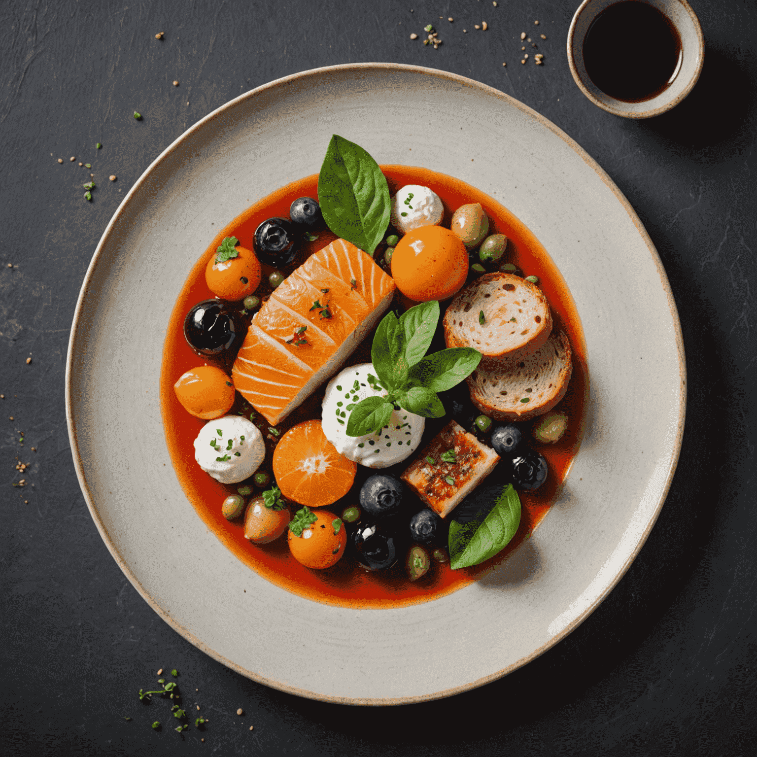 A beautifully plated Scandinavian dish with fresh local ingredients, showcasing vibrant colors and artistic presentation