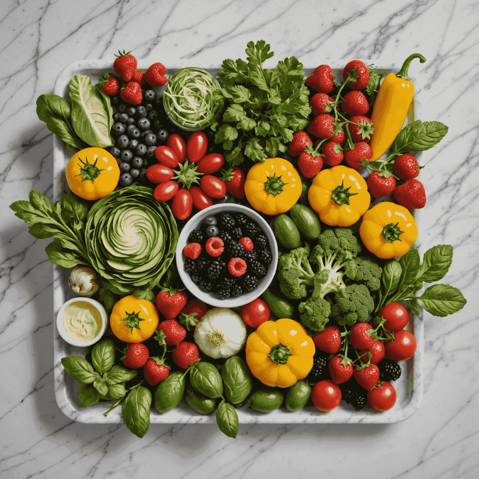 A colorful array of fresh, seasonal ingredients including berries, herbs, and vegetables arranged on a marble countertop