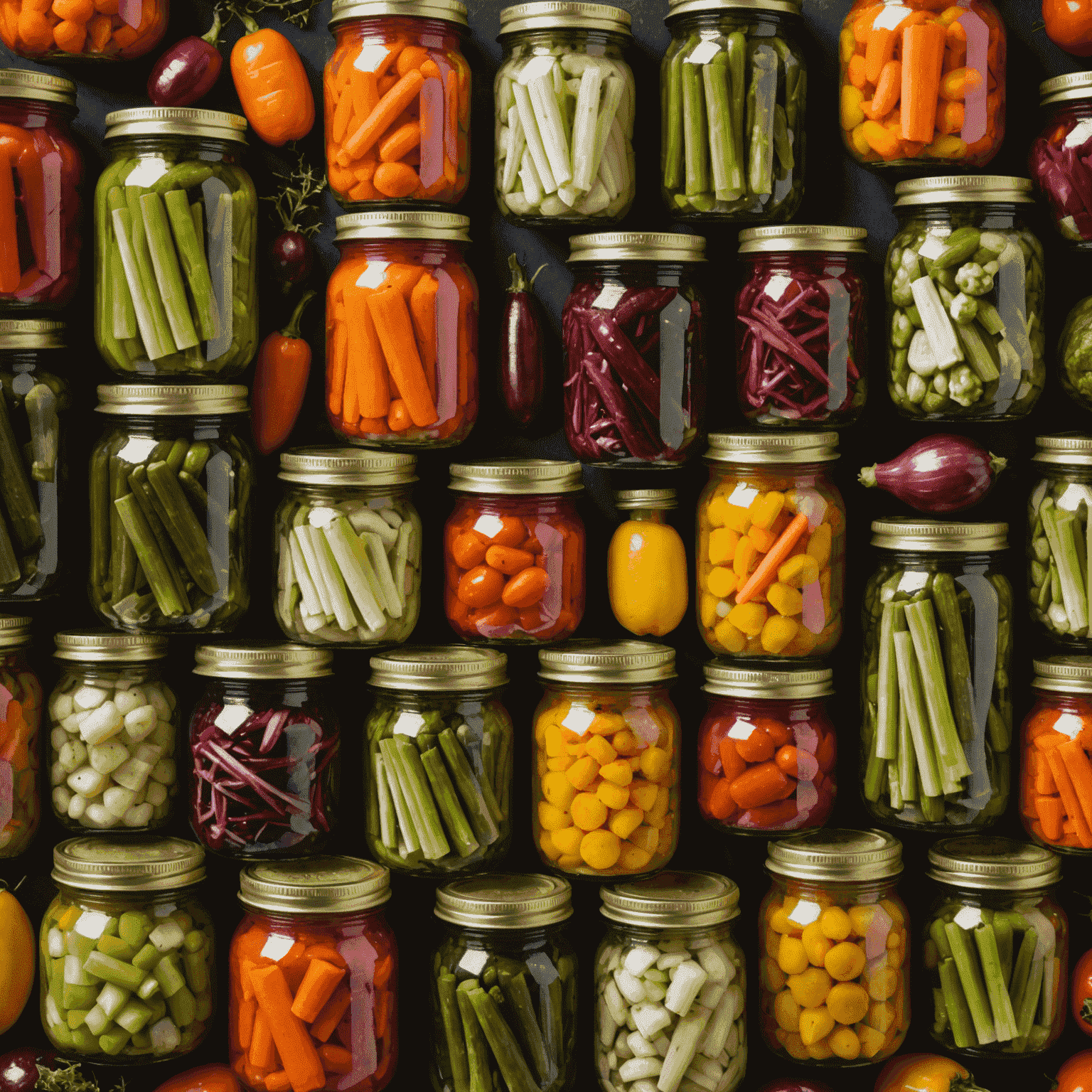 An assortment of colorful pickled vegetables in glass jars, showcasing the preservation techniques used at Cravecraft