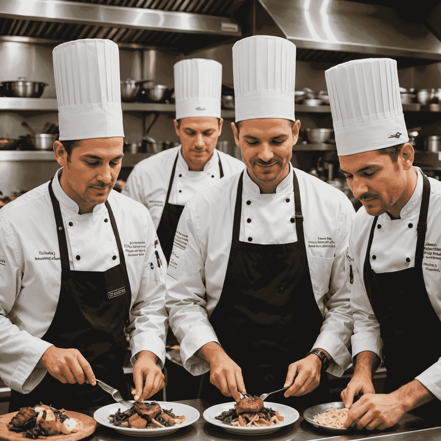 A diverse team of chefs working together in harmony. They're plating dishes with precision, communicating efficiently, and showing genuine enthusiasm for their craft.