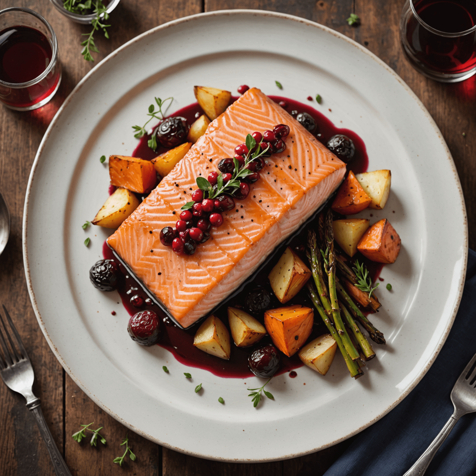 A perfectly cooked fillet of Norwegian salmon with a glistening lingonberry glaze, served on a bed of roasted root vegetables