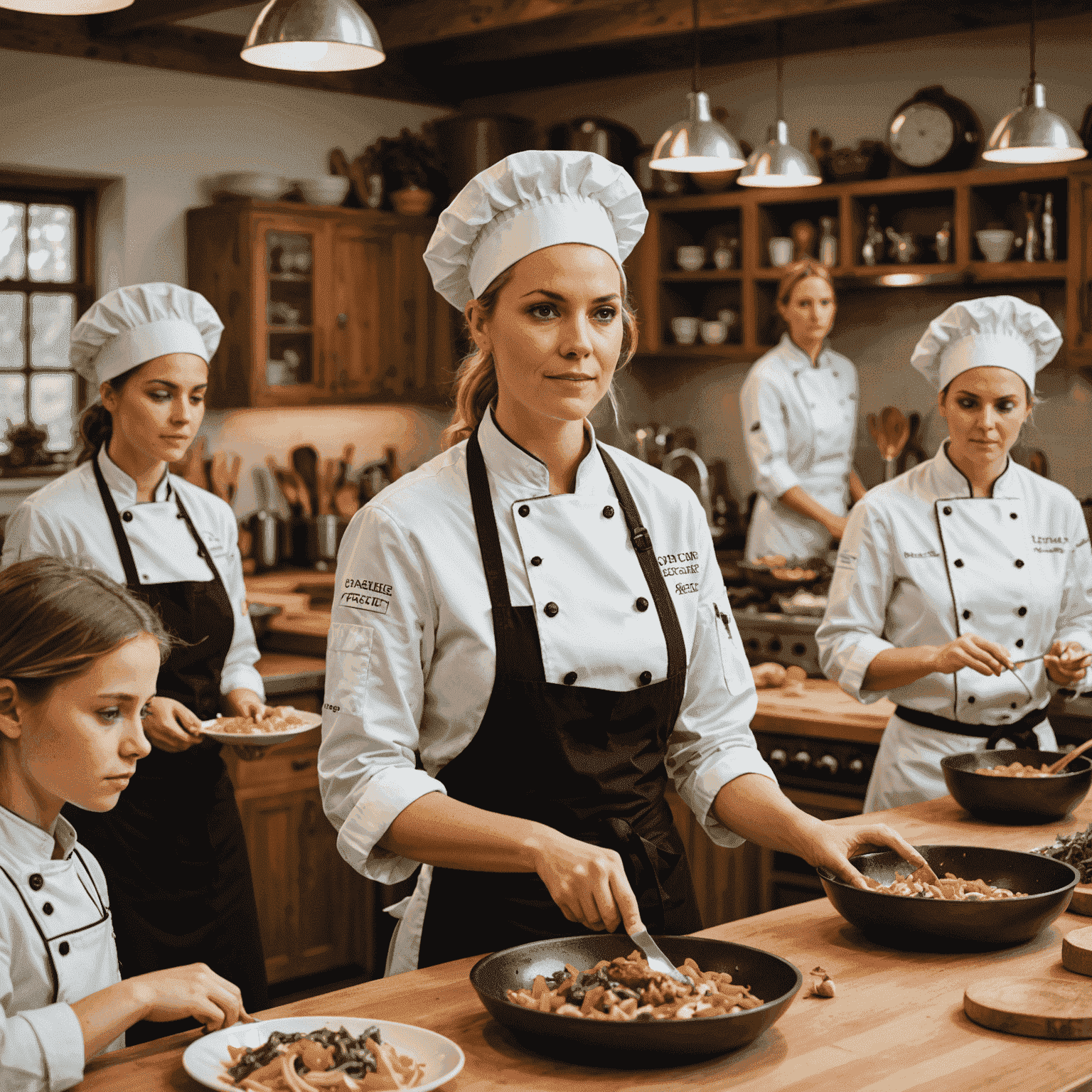 Chef Emma leading a cooking class in the Craveсraft kitchen, demonstrating techniques to a group of attentive students