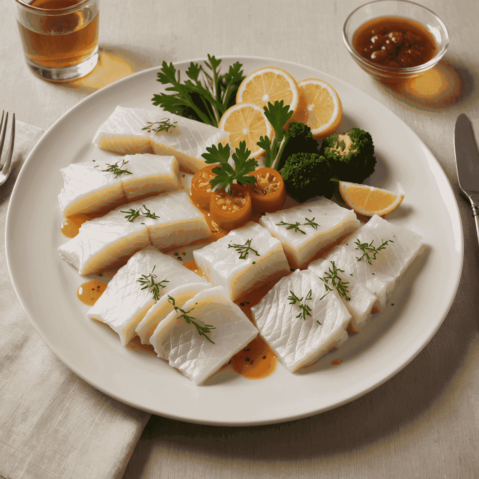 A plate of thinly sliced Rakfisk served with traditional accompaniments