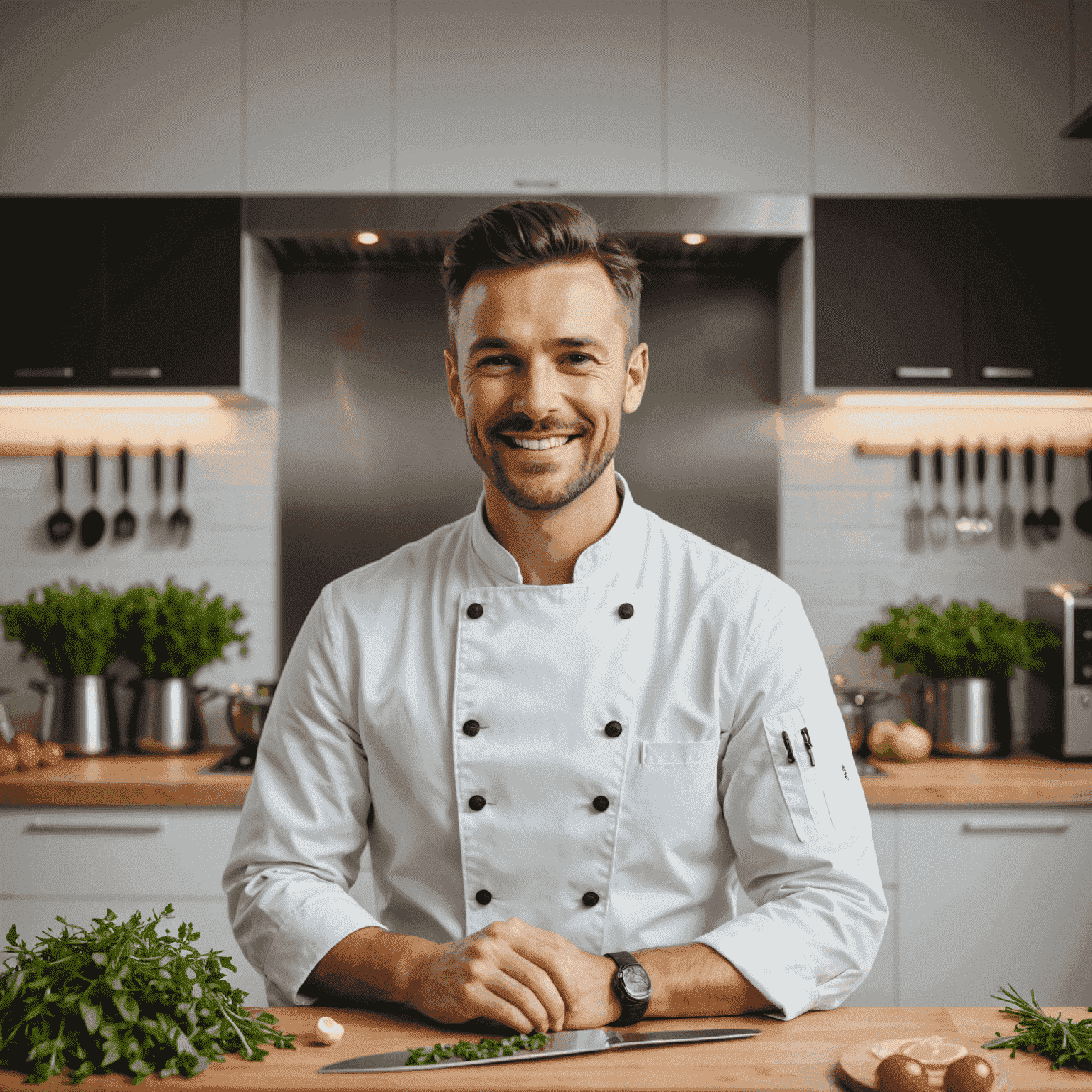 Portrait of a smiling chef in a white uniform standing in a modern kitchen, holding a knife and fresh herbs