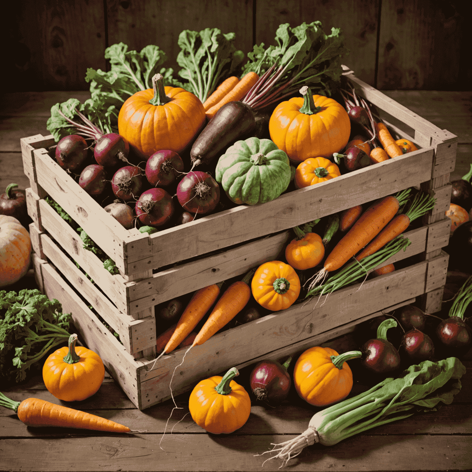 A wooden crate filled with freshly harvested autumn vegetables including squash, carrots, and beets