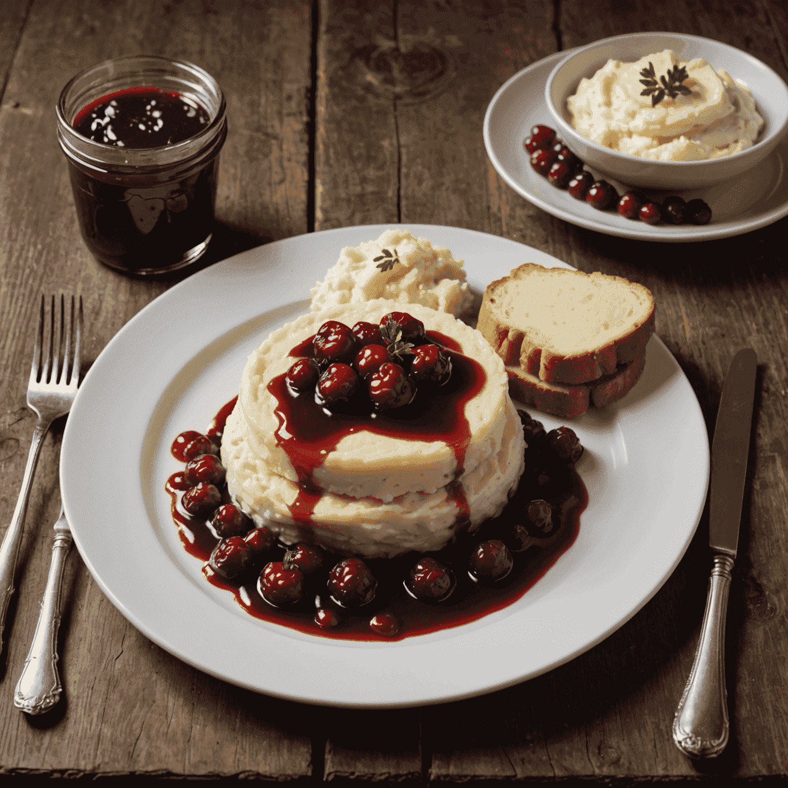 A plate of Kjøttkaker with mashed potatoes, gravy, and a side of lingonberry jam