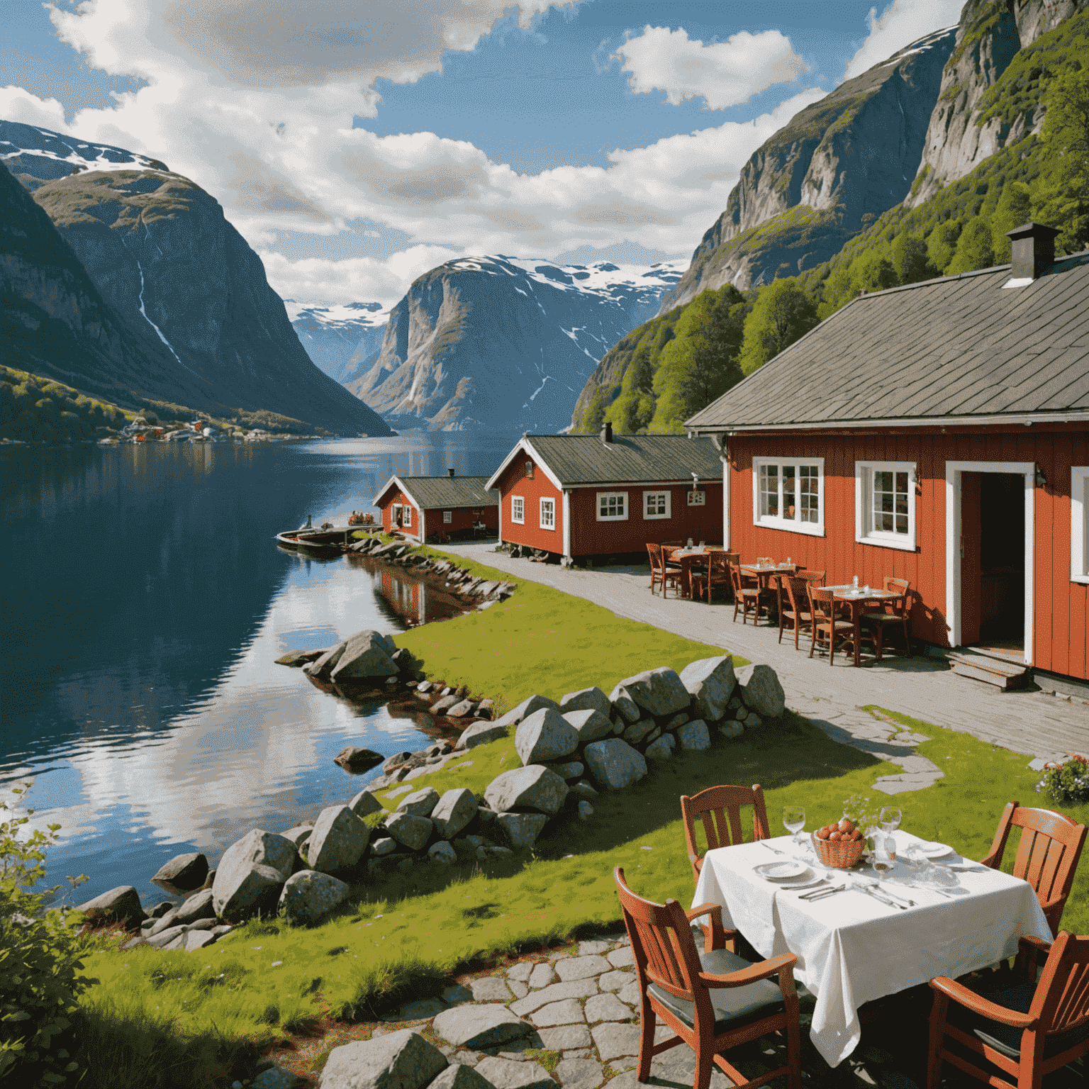 A picturesque Norwegian fjord landscape with a traditional wooden restaurant in the foreground, serving local delicacies