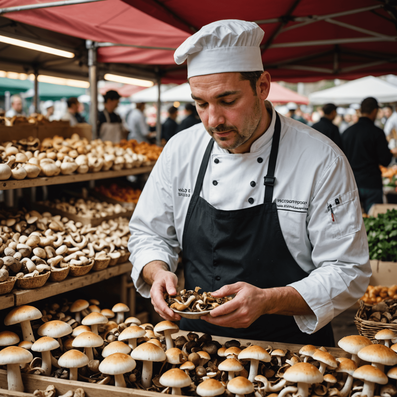 A chef carefully selecting wild mushrooms at a local market