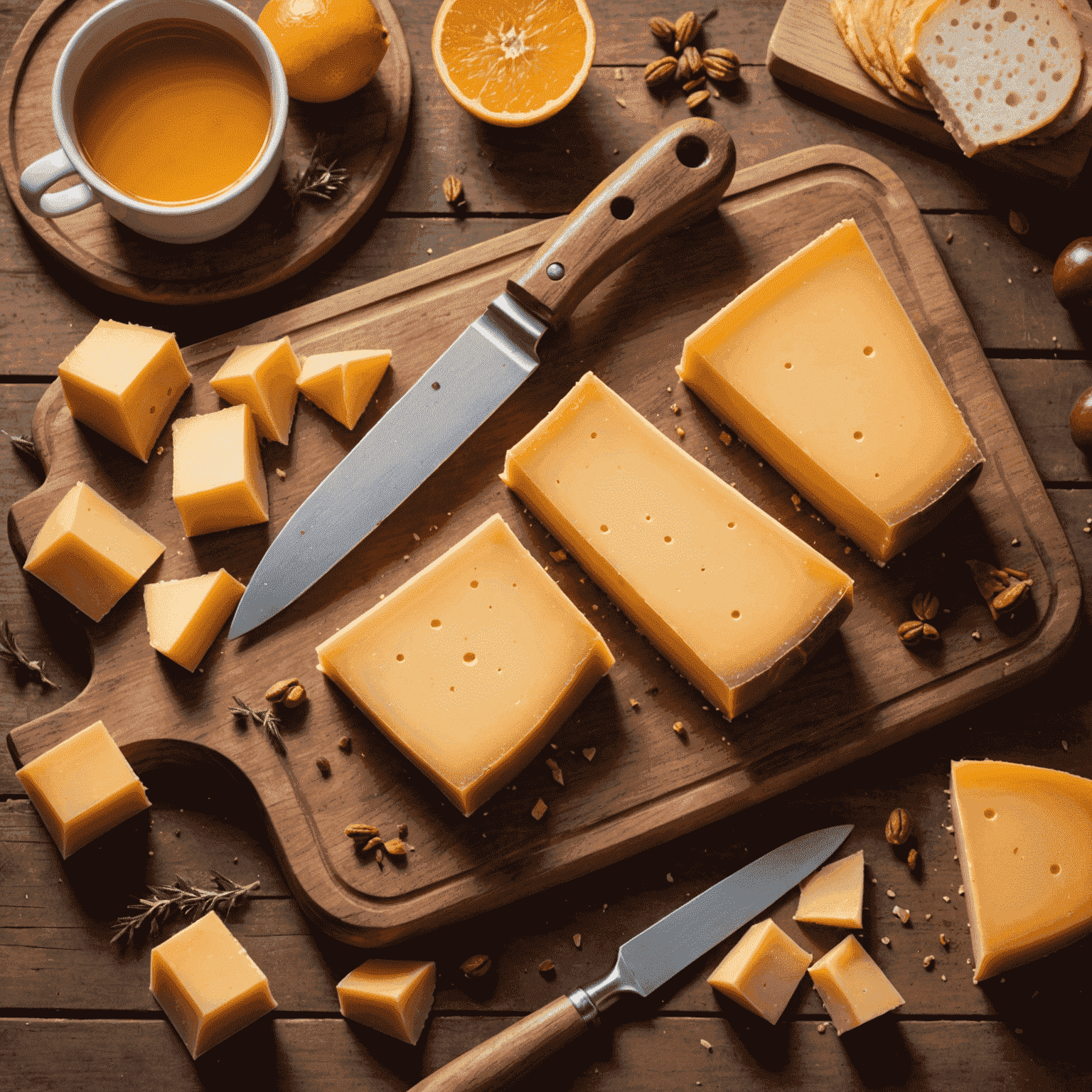 A wedge of Brunost cheese with a cheese slicer and some slices on a wooden board