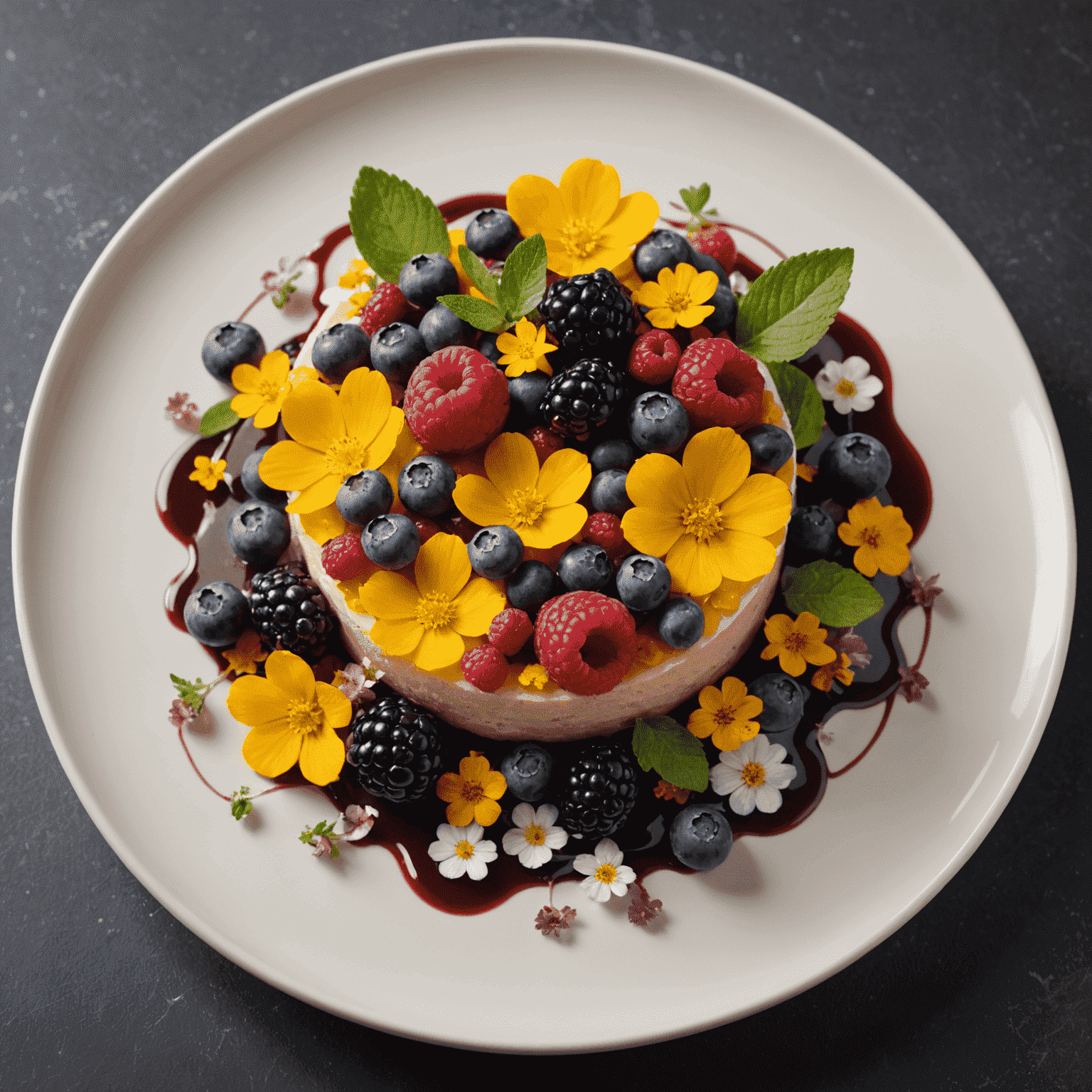 A close-up of a beautifully plated dessert featuring local berries and edible flowers