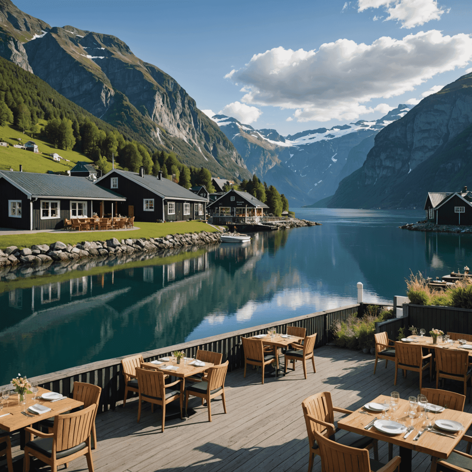 The exterior of Fjordstuene restaurant with its stunning fjord backdrop