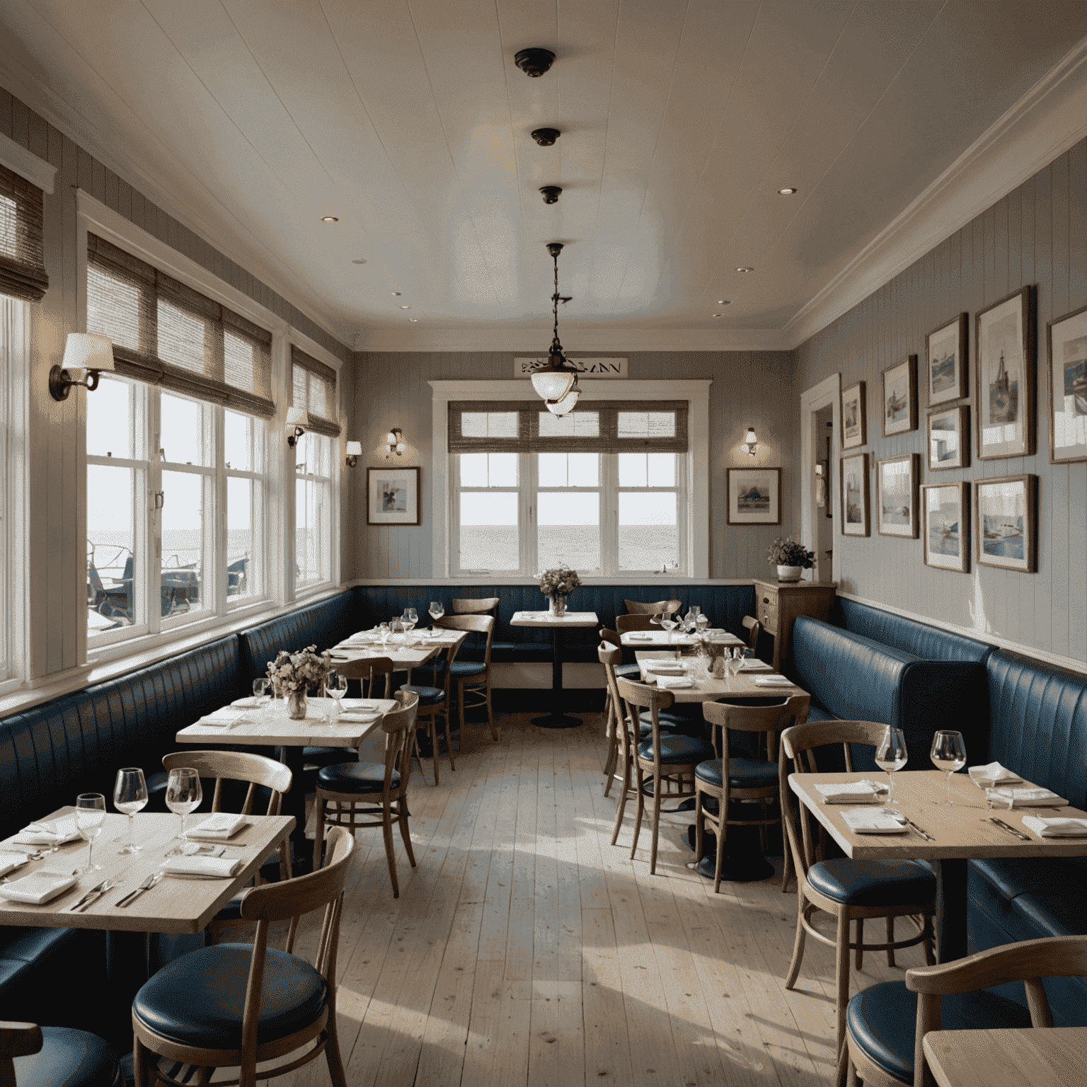 The interior of Skagen restaurant, showcasing its elegant nautical-themed decor