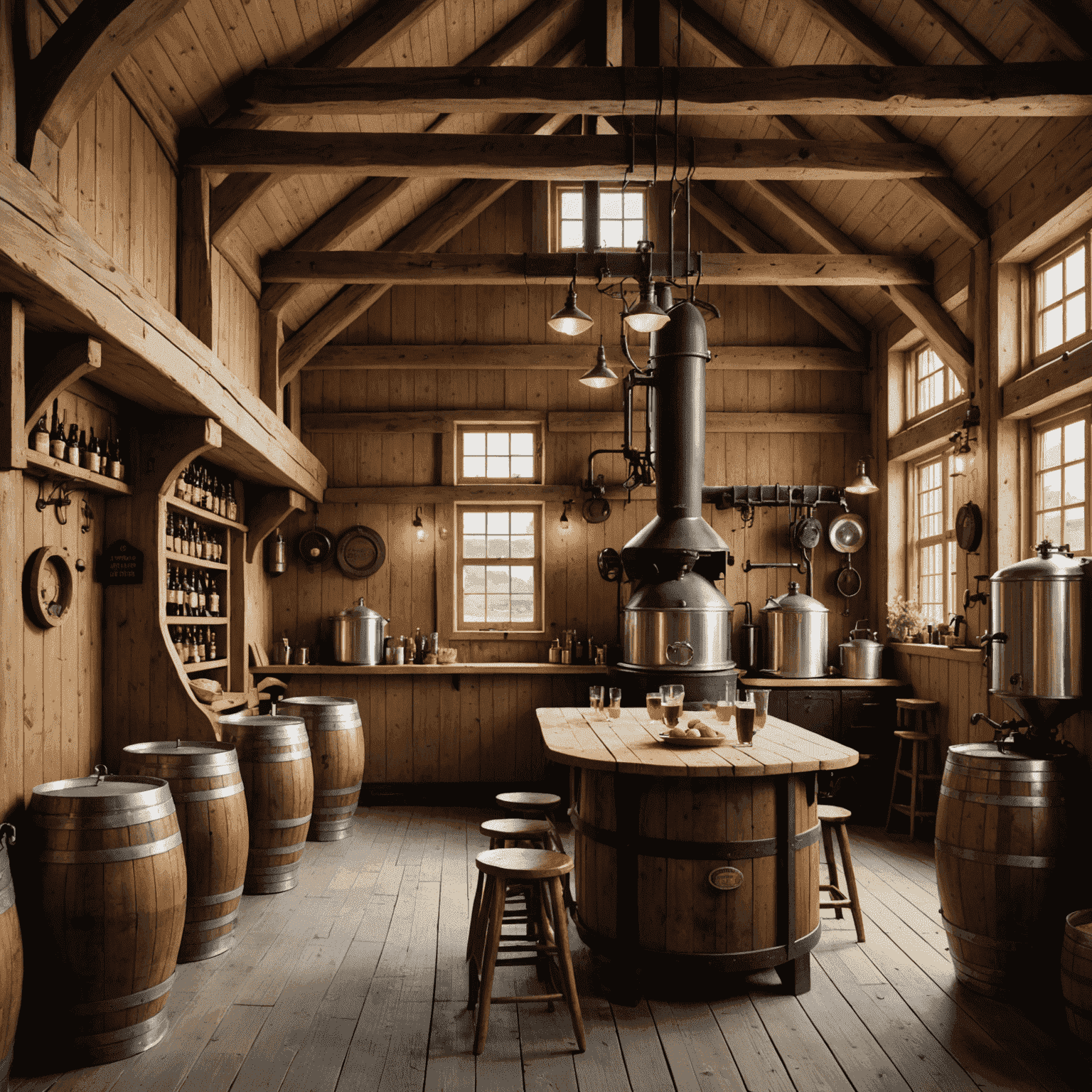 The rustic interior of Røros Bryggeri & Spiseri, featuring wooden beams and a view of the brewing equipment